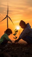 Children planting young tree seedling at sunset with wind turbine in background, representing environmental education and renewable energy future.