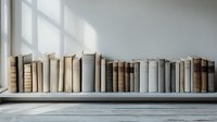 Row of vintage books on white shelf with window light casting shadows, creating minimalist home library atmosphere for interior design projects.