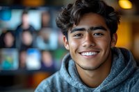 Young Hispanic male with bright genuine smile wearing gray hoodie against blurred background. Natural lighting highlights authentic expression and modern casual style.
