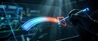 Futuristic digital interface with glowing holographic elements and hand interaction for technology and innovation concepts.