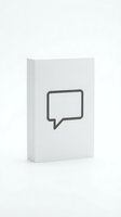White product box with speech bubble icon on front, isolated on white background, ready for packaging design and branding mockups.
