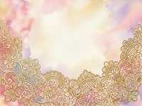 Ornate golden lace border with intricate filigree patterns frames soft watercolor wash background in pink, purple and cream tones. Isolated design element for invitations, cards and decorative projects.