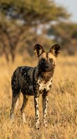 African wild dog standing alert in golden savanna grassland during warm sunset light with acacia trees in blurred background for wildlife photography.