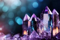 Purple amethyst crystal cluster with bokeh lights background for meditation, healing, spirituality and gemstone collection displays.