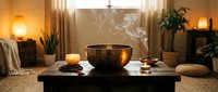Zen meditation setup with singing bowl, incense and candles creating peaceful atmosphere for mindfulness practice and spiritual wellness in cozy home interior.