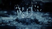 Water drop splash creating crown shape with flying droplets on dark background, captured in high speed macro photography with dramatic lighting effect.
