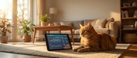 Orange tabby cat sitting beside laptop computer displaying financial charts in cozy modern living room with natural sunlight streaming through window.