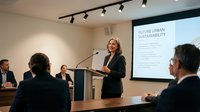 Confident middle-aged Caucasian businesswoman presenting urban sustainability topic at corporate conference, speaking at podium before engaged audience in modern meeting room.