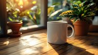 White coffee mug on wooden table with morning sunlight streaming through window, houseplants in terracotta pots create cozy atmosphere with golden bokeh effect.