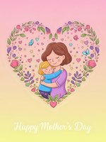 Mother and child embracing in floral heart frame with butterflies and decorative elements for Mother's Day celebration and family love themes.
