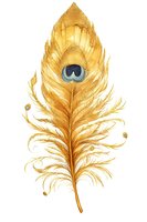 Isolated golden feather with decorative eye spot on white background, suitable for design projects, textiles, and decorative applications.
