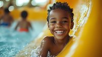 Young African American child smiling brightly while playing and splashing in swimming pool on sunny summer day, showing joy and happiness during water activities.