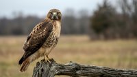 Hawk perched on weathered wood log in open field, displaying brown and cream plumage with alert posture, suitable for wildlife and nature content.