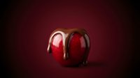 Chocolate-covered strawberry with melting dark chocolate dripping down red berry on burgundy background for Valentine's Day dessert and romantic treats.
