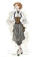 Elegant woman in Victorian steampunk attire featuring white blouse, brown leather corset, and gray bloomers. Watercolor fashion illustration with romantic vintage style.