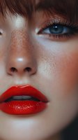 Close-up portrait featuring bright red lipstick, natural freckles, and intense blue eyes with long lashes. Soft skin texture and dramatic makeup create striking beauty contrast.