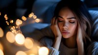 Young Asian woman with closed eyes resting head on hands against blurred warm bokeh lights background, expressing peaceful relaxation and mindfulness in cozy evening atmosphere.
