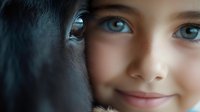 Close up portrait of young girl with bright blue eyes and gentle smile next to black horse face, creating emotional connection between child and animal.