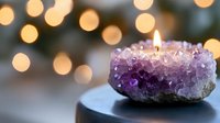 Glowing candle in raw amethyst crystal holder with soft bokeh lights creating magical atmosphere for meditation, spirituality and mindfulness practices.