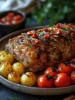 Roasted chicken with herbs and cherry tomatoes in cast iron skillet. Succulent poultry dish with golden potatoes for dinner menu and culinary content.