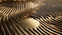 Abstract metallic gold waves rippling around central oval shape creating dynamic flowing pattern with light and shadow play. Luxury background design.