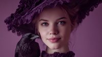 Young woman in ornate purple hat with black raven bird companion against violet background for fantasy portrait photography and gothic fashion concepts.