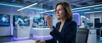 Young adult woman of Caucasian ethnicity in business attire interacting with holographic data visualization in modern tech office environment, representing innovation and digital transformation.