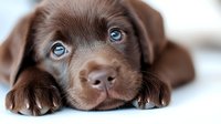 Adorable chocolate Labrador retriever puppy with striking blue eyes lying down, close-up portrait showing sweet expression and paws stretched forward.