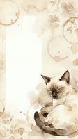Siamese cat resting on vintage floral background with coffee stains and watercolor flowers, isolated on white space for greeting cards, invitations, and stationery design.