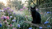 Black cat sitting on ornate metal garden bench surrounded by blooming purple and blue flowers in sunlit outdoor setting, suitable for nature and pet-themed designs.