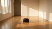 Minimalist empty room with wooden floor, natural sunlight streaming through windows, neutral beige walls and modern interior design for contemporary living space.