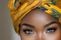 Close up portrait of young African woman wearing vibrant yellow and turquoise head wrap, focusing on expressive eyes with dramatic makeup and perfectly shaped eyebrows.