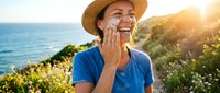 Happy young African American woman in hat talking on phone by ocean during golden hour sunset with coastal vegetation in background.