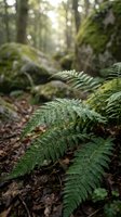 Fresh green fern fronds growing in natural forest environment with soft sunlight filtering through trees creating peaceful woodland atmosphere.