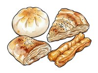 Assorted baked goods including round loaf, croissants, and breadsticks isolated on white background. Bakery clipart for design projects.