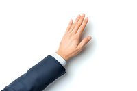 Male hand in business suit sleeve reaching up against white background, showing palm in stop or high five gesture. Isolated professional corporate concept.