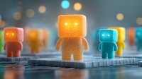 Glowing toy figures on keyboard with bokeh background, soft focus miniature characters create magical atmosphere for gaming and technology concepts.