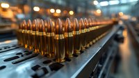 Ammunition rounds lined up in production facility showing brass cartridges and copper bullets on industrial manufacturing line with selective focus and bokeh lighting.