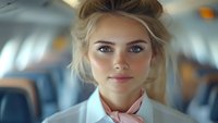 Young female flight attendant with blonde hair and natural makeup wearing white uniform and pink scarf, standing in airplane cabin with soft bokeh background.
