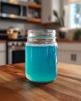 Bright turquoise blue drink or cocktail in mason jar on wooden kitchen counter, with blurred modern kitchen interior background, selective focus photography.