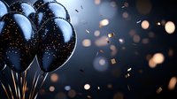 Elegant black balloons with golden glitter sparkles and confetti on dark background create luxurious party atmosphere for celebration designs.
