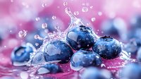 Fresh blueberries with water splash and droplets on pink background, macro photography showing juicy berries in dynamic composition with bokeh effect.