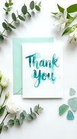 Thank you card with teal watercolor lettering, mint envelope, white flowers, and eucalyptus on a light background for greeting design.