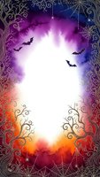 Halloween watercolor frame with ornate swirls, flying bats, spider webs and bright center space for text or design elements on mystical gradient background.