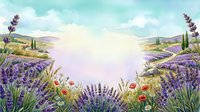 Lavender field landscape with rolling hills, cypress trees, and wildflowers under soft sunlight. Serene countryside scenery for travel, wellness, and nature design projects.