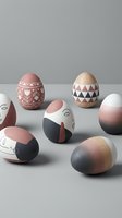Modern decorative Easter eggs with geometric patterns and gradient colors arranged on neutral background for spring holiday crafts and home decor projects.