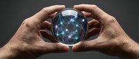Male hands protecting glowing digital network sphere with connected nodes and data points against dark background for technology concepts.