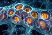 Microscopic view of glowing orange cell nuclei surrounded by blue network of cellular structures in scientific medical visualization.