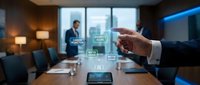Executive pointing at digital data analytics interface during corporate meeting in modern conference room with team members visible through glass walls.