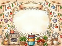 Vintage kitchen frame with cooking utensils, pots, vegetables, and a blank banner, perfect for recipe cards and culinary designs.